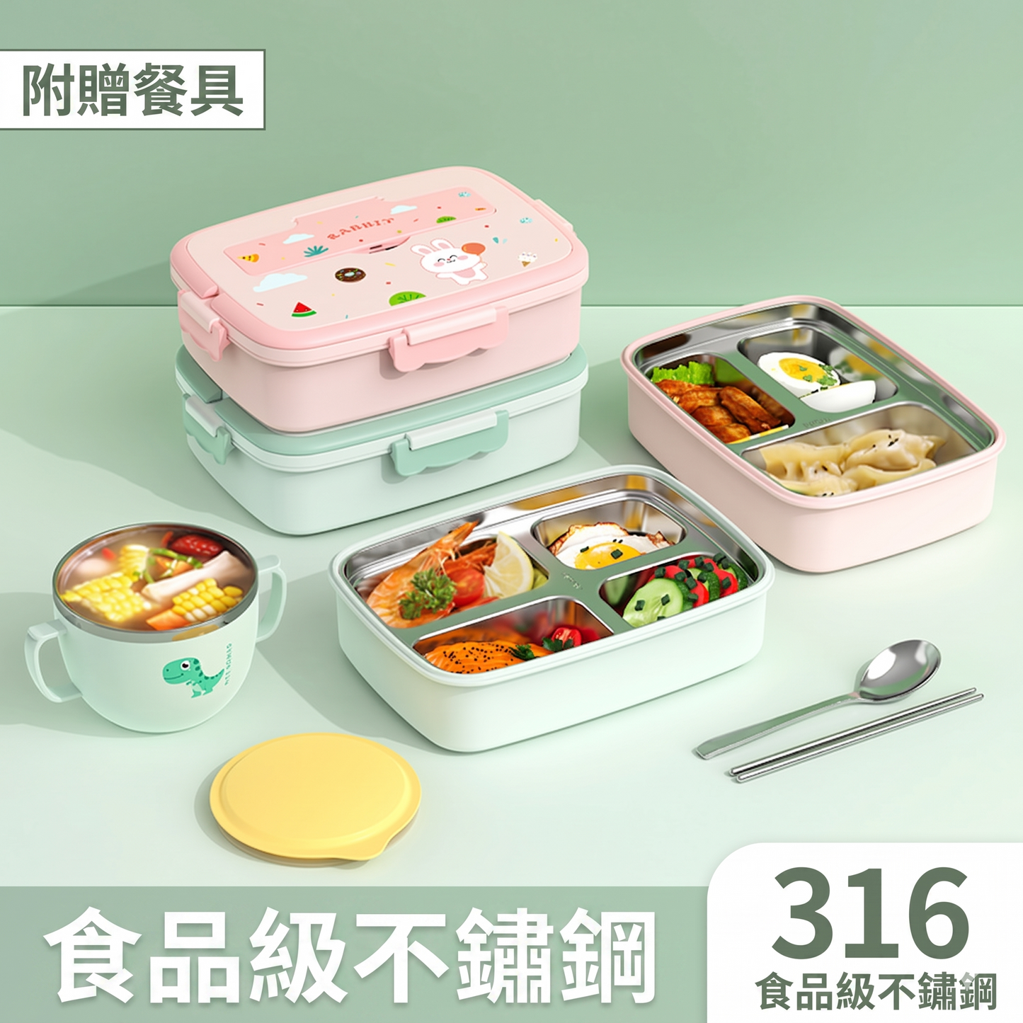 316不鏽鋼360°密封防漏可微波分隔便當餐盒